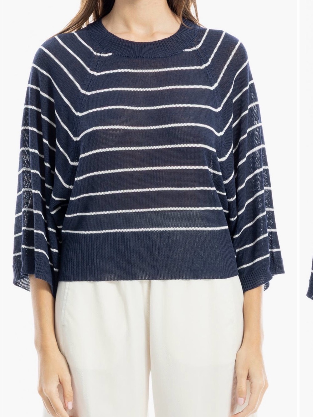 Max Studio Navy and White Striped Crewneck Sweater☀️
